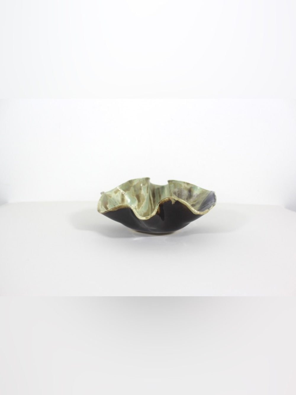 Sculptural Signed Studio Pottery Footed Bowl Organic Ruffled Edge Vintage